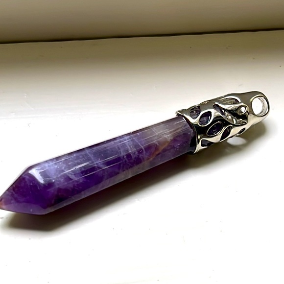 Genuine Amethyst 6- Sided Pendant Point in Silver - Picture 3 of 11